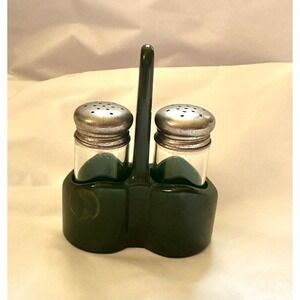 Glass Salt & Pepper Shakers in Green Bakelite Caddy Holder